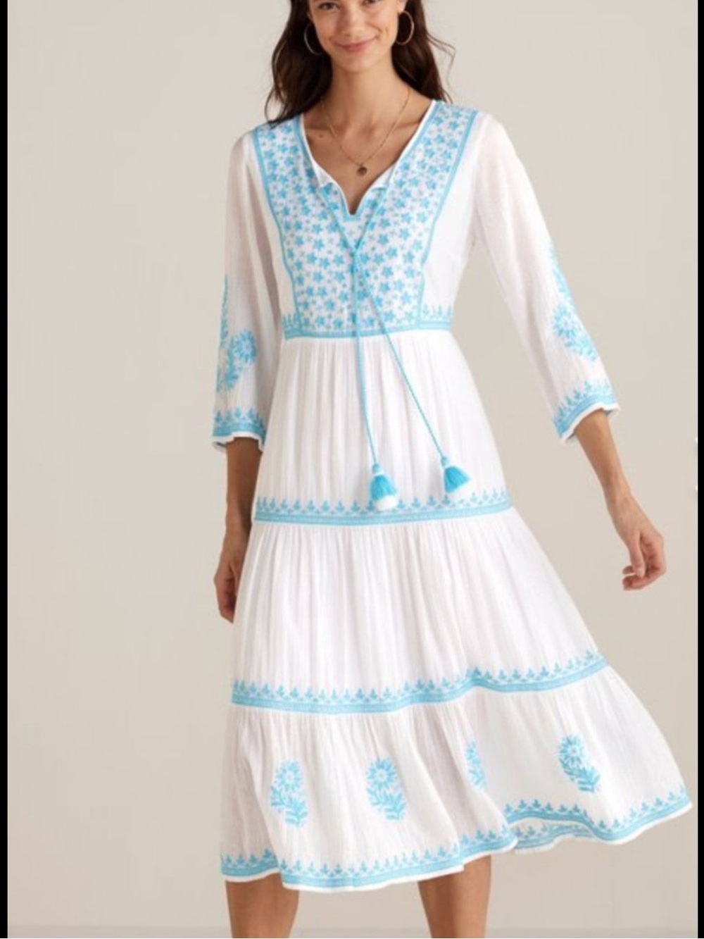 Soft Surroundings Juniper white gauze dress with aqua embroidery Size Small